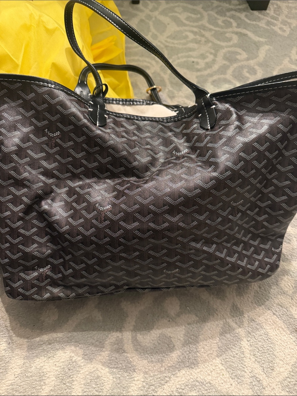 Designer-Style Black Tote Bag with Repeating Pattern in black